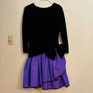Vintage 80s Black Velvet Dress Black Drop Waist Dress Purple Ruffle Size S (6)